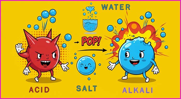 Cartoon style image showing a neutralisation reaction.